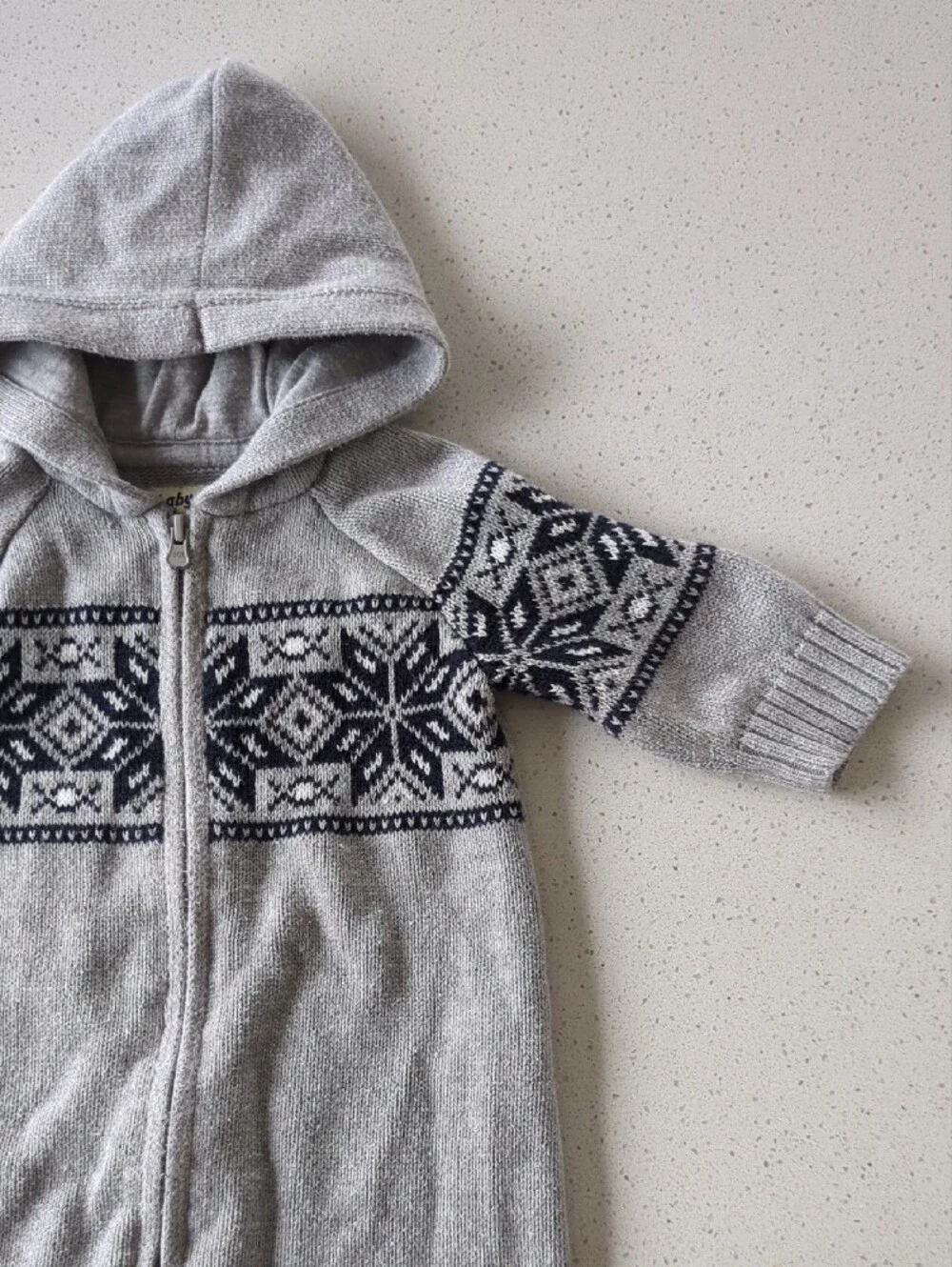 Hooded Knit Baby One-Piece with Nordic Pattern - Light Gray